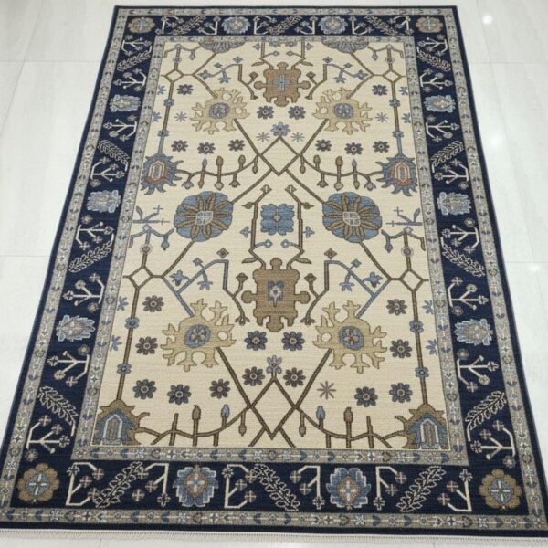 Handwoven Oushak Cream and Navy Rug – Floral Medallion Oriental Area Rug (5x8)