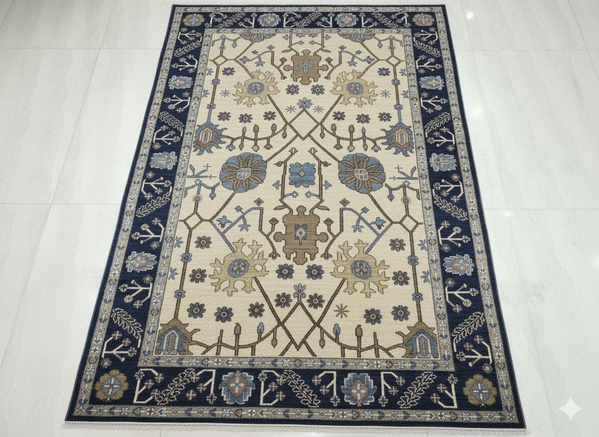 Handwoven Oushak Cream and Navy Rug – Floral Medallion Oriental Area Rug (5x8)