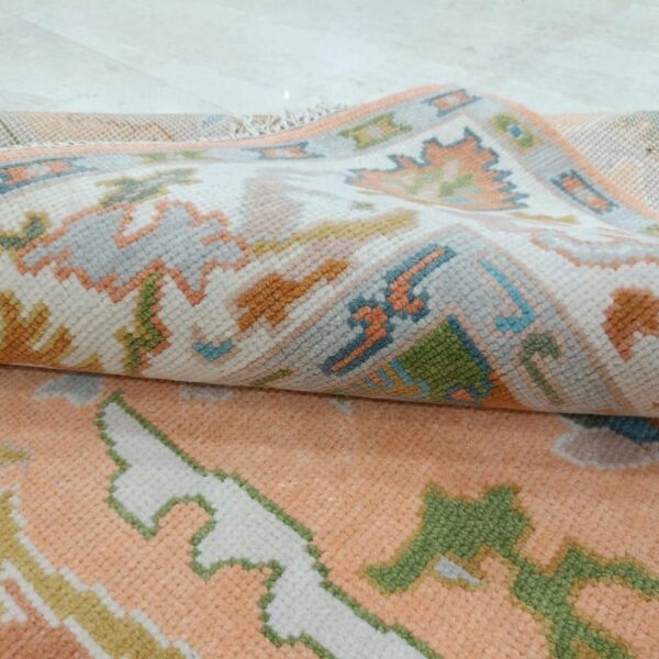 Handknotted Peach Oushak Wool Rug – Turkish Floral Carpet, Vintage Style