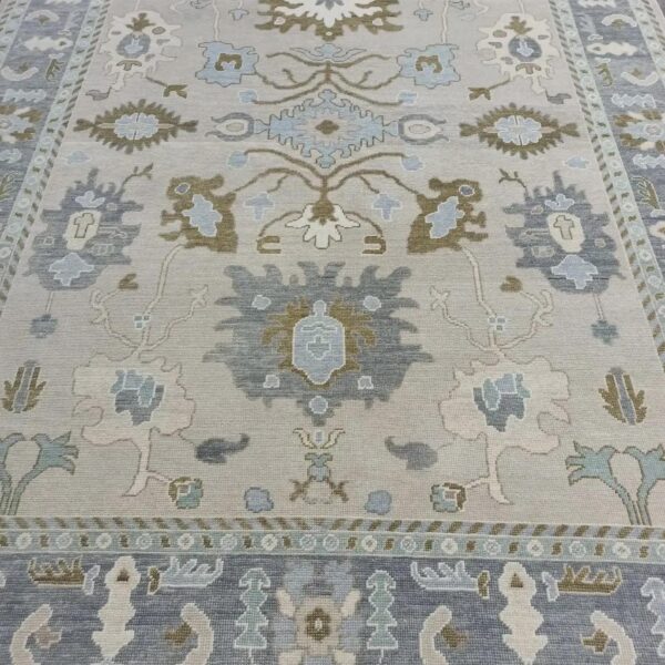 Hand Knotted Wool Rug – Tribal Ivory, Blue, Grey Anatolian Motifs Carpet | Traditional Oriental Design | Handmade Area Rug for Living Room
