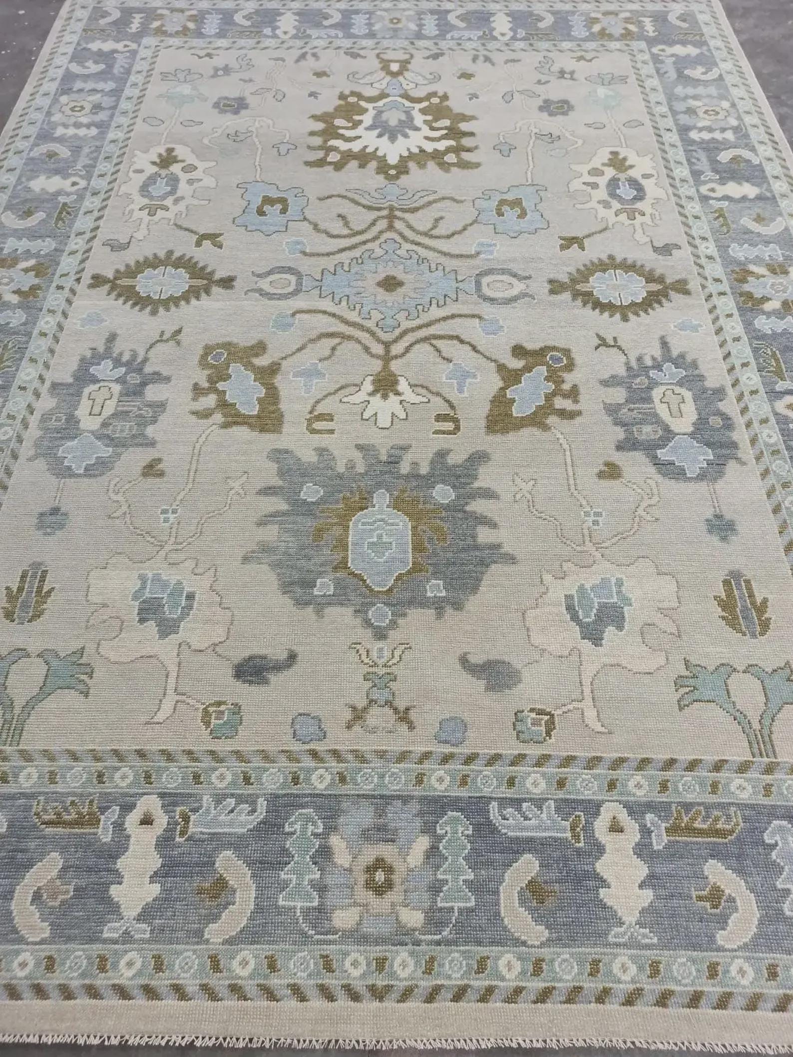Hand Knotted Wool Rug – Tribal Ivory, Blue, Grey Anatolian Motifs Carpet | Traditional Oriental Design | Handmade Area Rug for Living Room