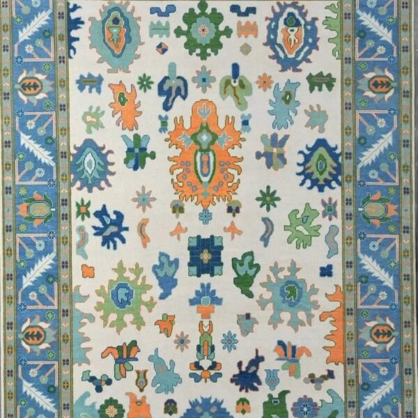 Handknotted Wool Oushak Rug 8x10 – Blue, Green, and Orange Oriental Carpet