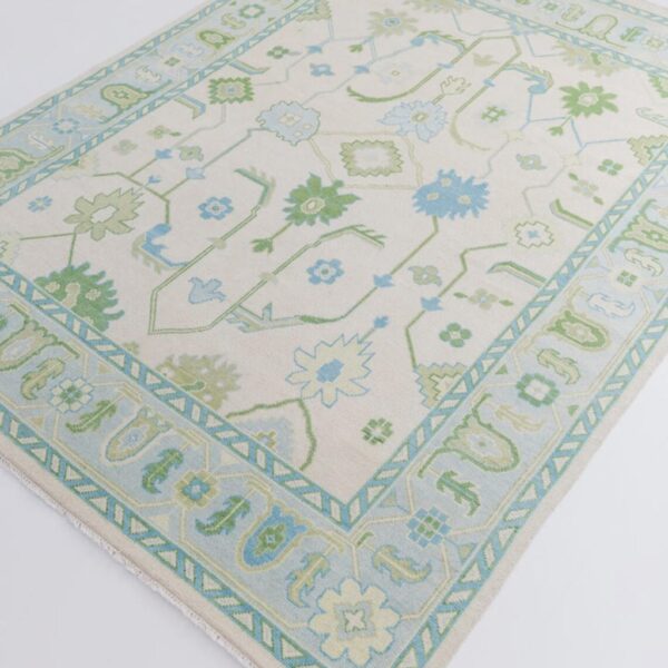 Handmade Blue Beige Oushak Wool Rug, Floral Turkish Area Rug 5x8