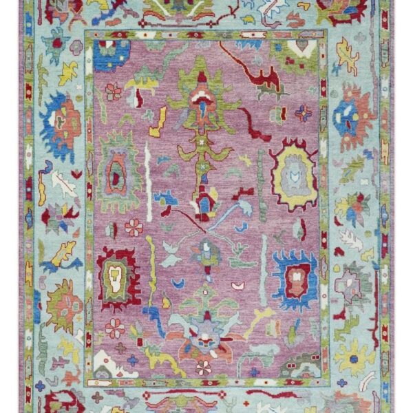 8x10 Handknotted Pastel Oushak Wool Rug – Soft Lilac Field with Antique Anatolian Floral Motifs