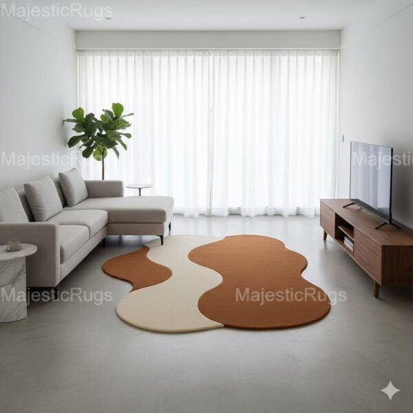Tufted Wool Rug – Wavy Abstract Design, Beige & Rust 8*10 feet Custom size available