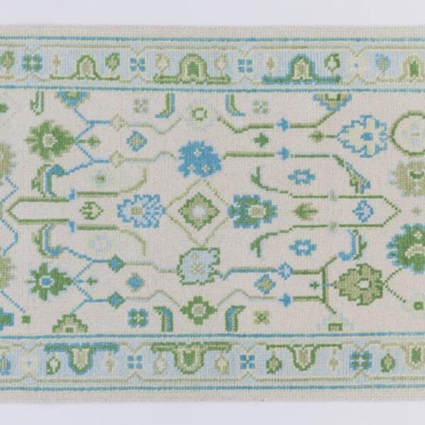 Hand Knotted Wool Oushak Rug, Blue Beige Floral, Large Area Rug