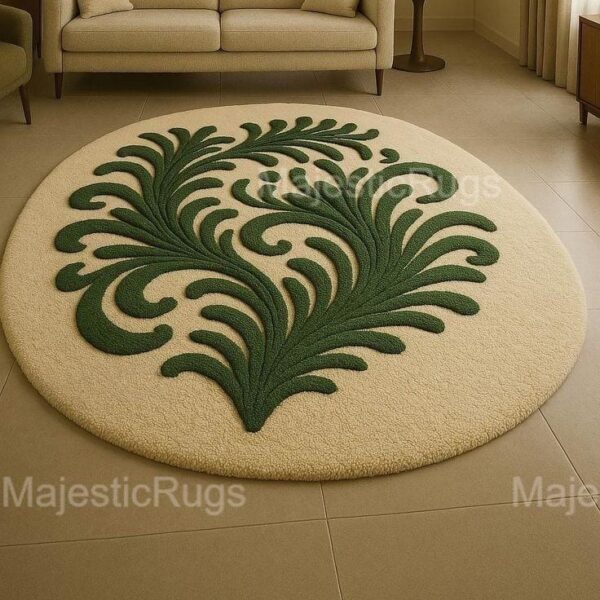 Hand Tufted Round Wool Rug – Ivory & Green Botanical Carpet