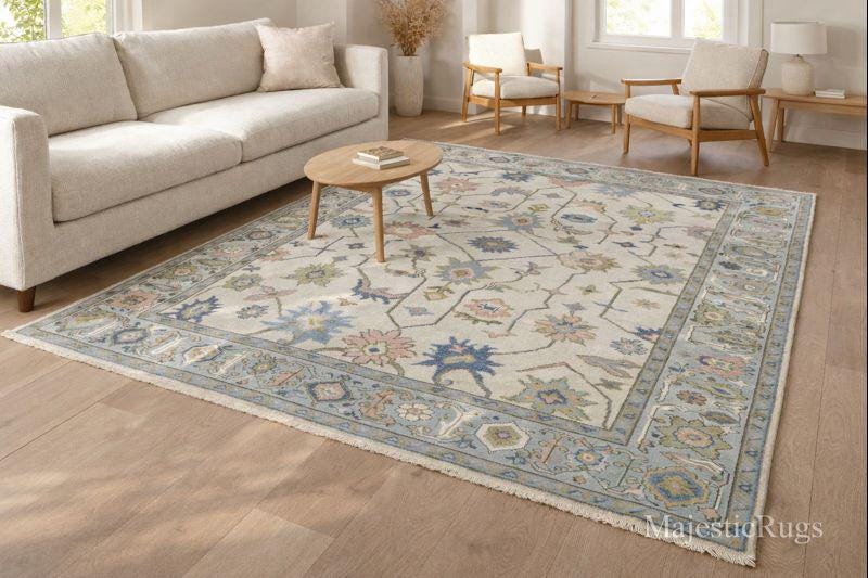 Handknotted Oushak Wool Rug, Traditional Turkish Carpet, 8x10 feet