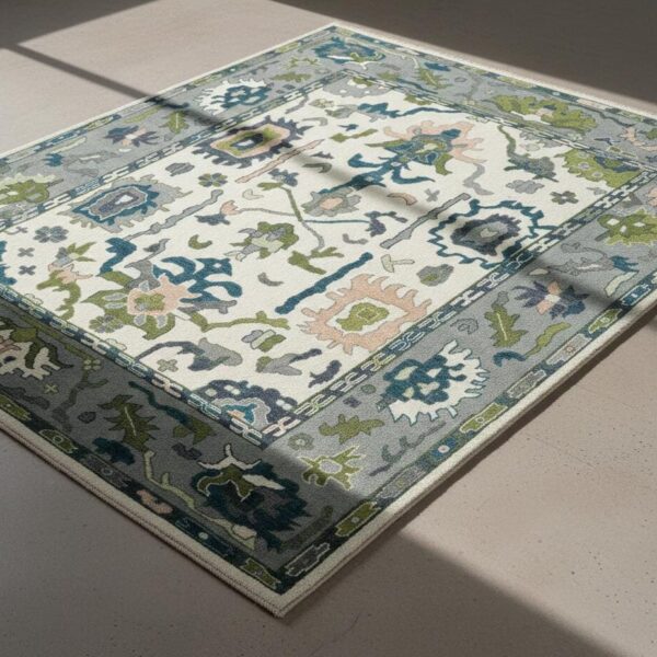 9x12 Hand knotted  Oushak Wool Rug – Grey, Blue & Ivory Floral Turkish Carpet