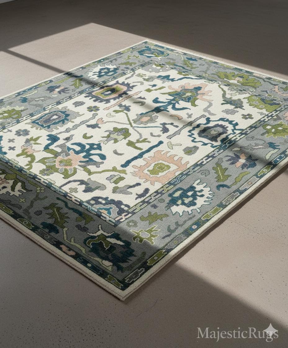 9x12 Hand knotted Oushak Wool Rug – Grey, Blue & Ivory Floral Turkish Carpet