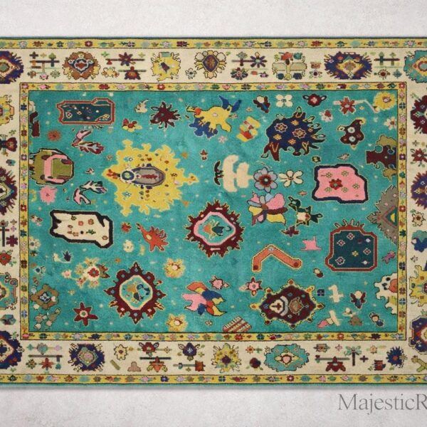 8x10 Handknotted Turquoise Tribal Wool Rug – Antique Caucasian Style Symbolic Carpet with Bold Medallions