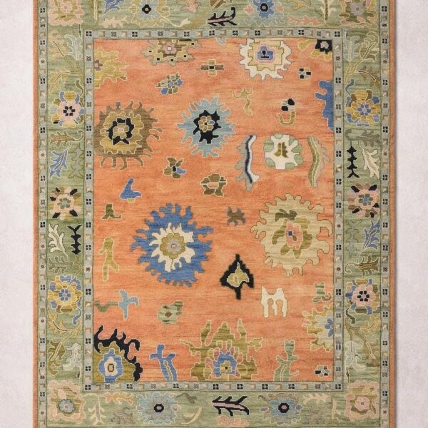 Handmade Oushak Wool Rug – Peach & Sage Floral Turkish Carpet