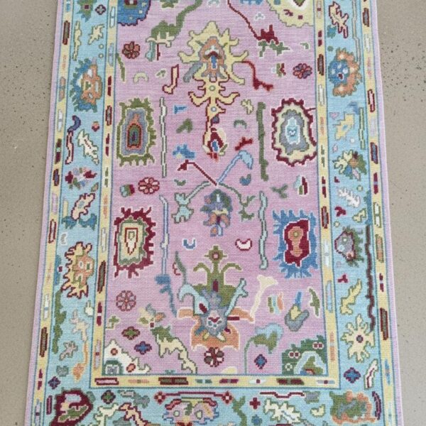 Handknotted Pink Oushak Wool Rug – Turkish Floral Area Carpet