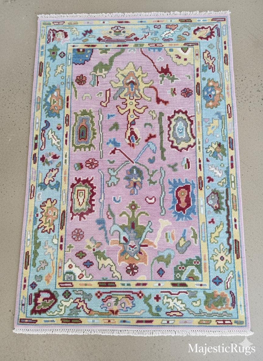 Handknotted Pink Oushak Wool Rug – Turkish Floral Area Carpet