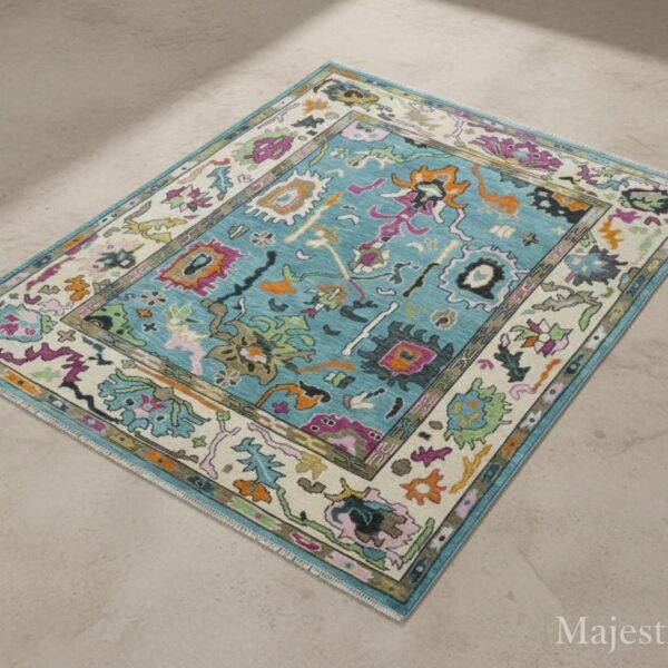 Handknotted Oushak Wool Rug 8x10 – Turquoise Floral Turkish Carpet