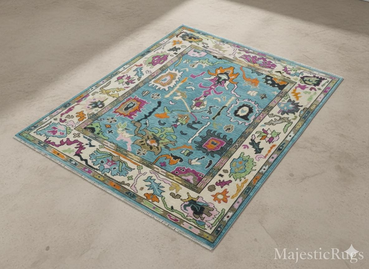 Handknotted Oushak Wool Rug 8x10 – Turquoise Floral Turkish Carpet