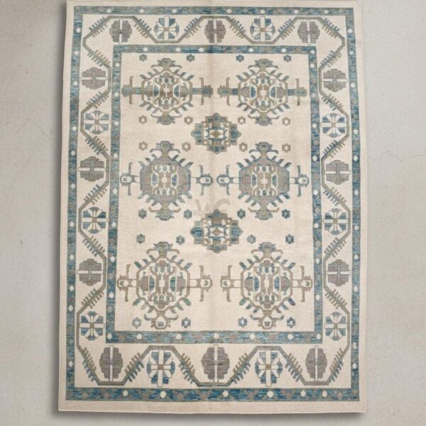 Handwoven Wool Oushak Rug – Cream & Navy Floral Medallion, 5x8