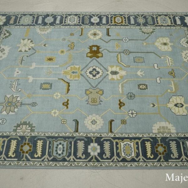 Handwoven Wool Oushak Rug: Beige, Blue & Green Turkish Carpet