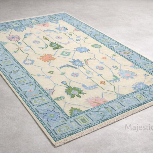 Handmade Wool Oushak Rug, Light Blue Floral Turkish Area Rug