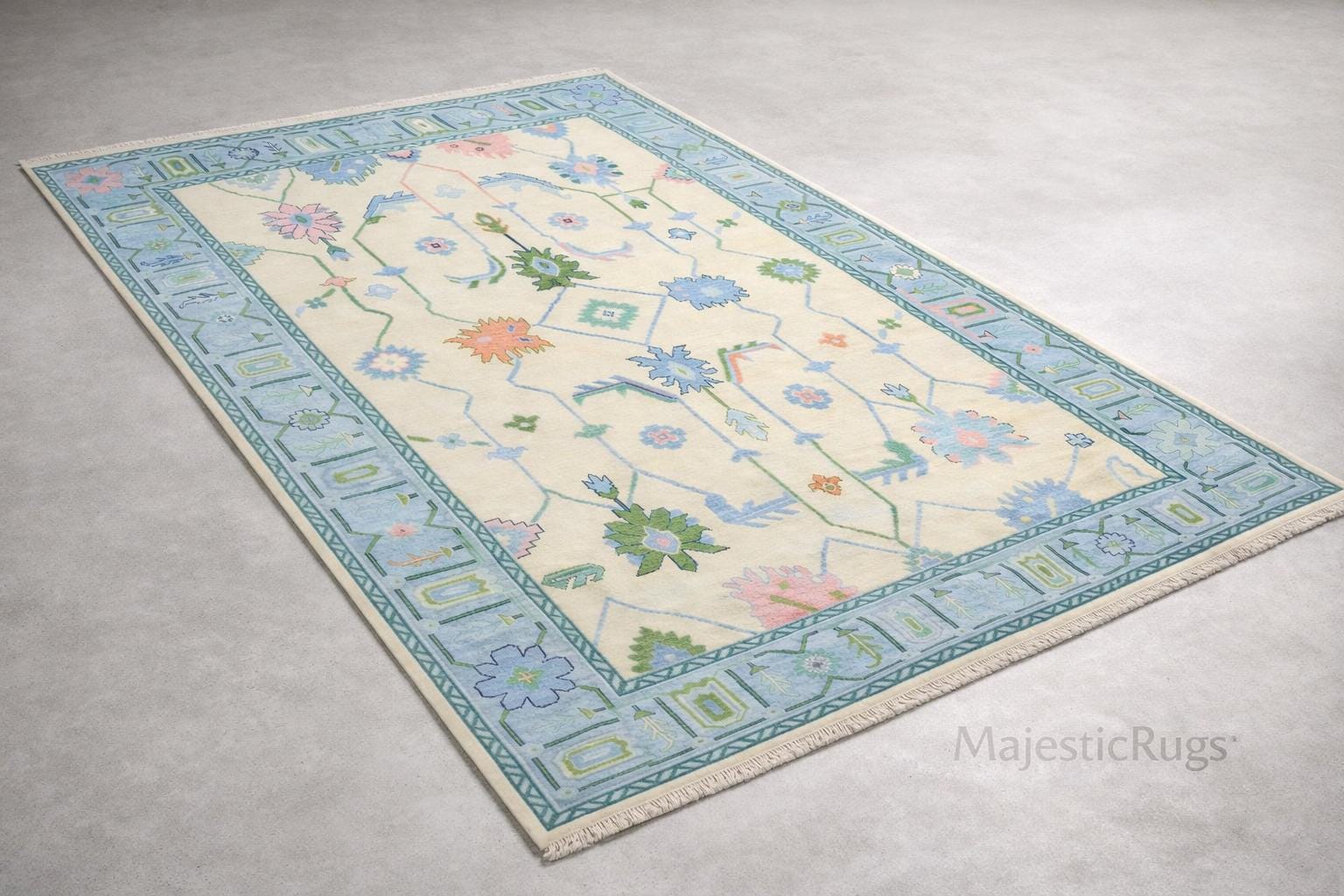 Handmade Wool Oushak Rug, Light Blue Floral Turkish Area Rug