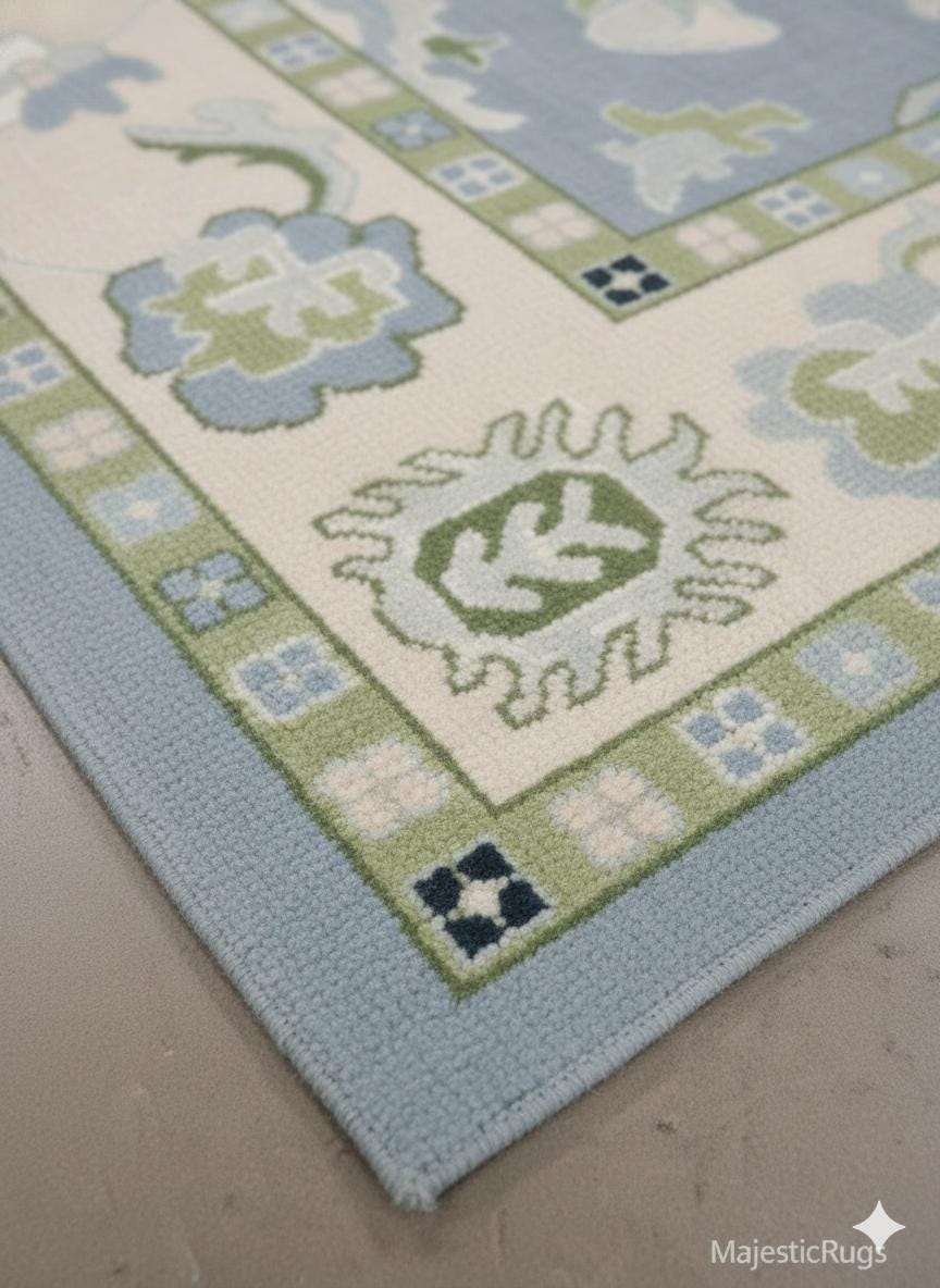 Blue & Green Oushak Area Rug, Handmade Wool Floral Rug, Classic Traditional Living Room Carpet