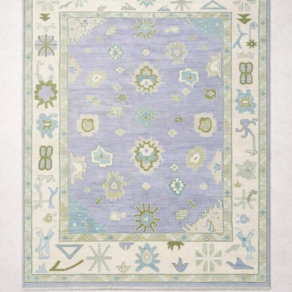Handmade Blue Oushak Wool Rug – 9*12 feet Turkish Floral Area Carpet, Vintage Style