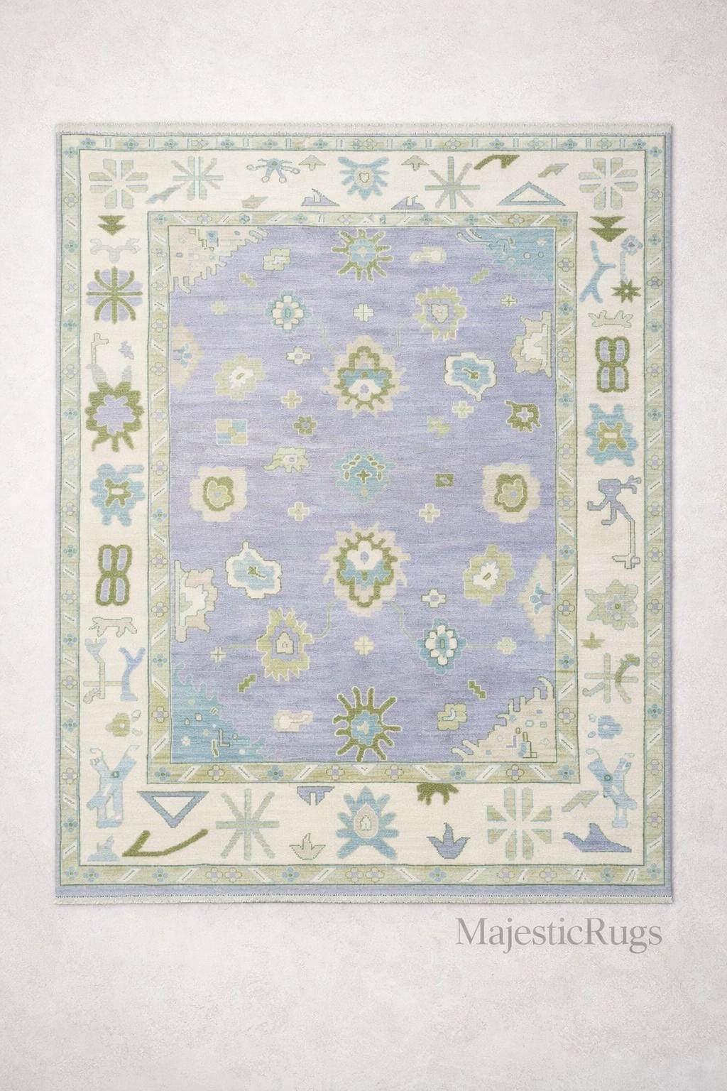 Handmade Blue Oushak Wool Rug – 9*12 feet Turkish Floral Area Carpet, Vintage Style