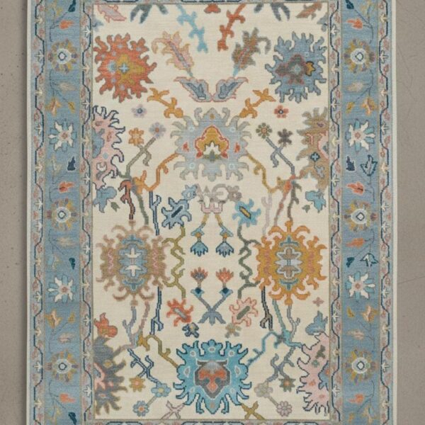 Handknotted Oushak Wool Rug – 9*12 feet Blue Border, Floral Turkish Carpet