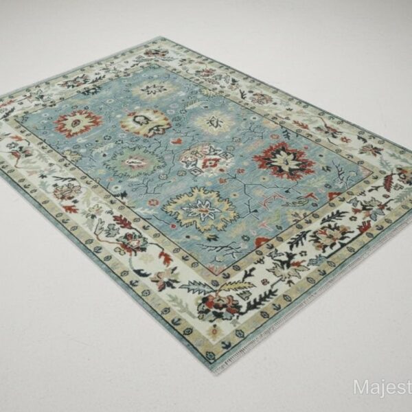 Handknotted Oushak Wool Rug 9x12 – Sky Blue Floral Turkish Carpet