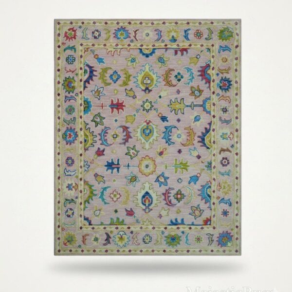 Handknotted Wool Oushak Rug 9x12 – Pink Multicolor Floral Turkish Carpet  For Custom size DM 