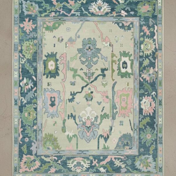 Hand Knotted Wool Oushak Rug, Teal Blue Pastel Floral Area Carpet, Vintage Turkish Style Living Room Rug, 9x12 8x10