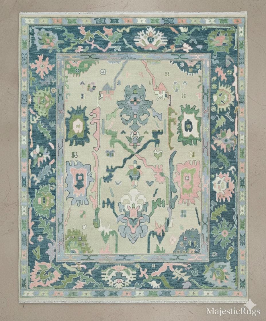 Hand Knotted Wool Oushak Rug, Teal Blue Pastel Floral Area Carpet, Vintage Turkish Style Living Room Rug, 9x12 8x10