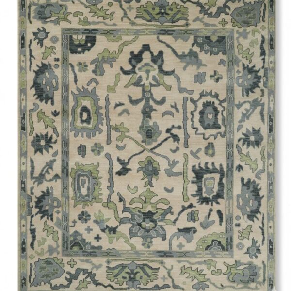 9x12 Hand knotted Oushak Wool Rug – Beige & Sage Green Floral Carpet, Custom sizes available