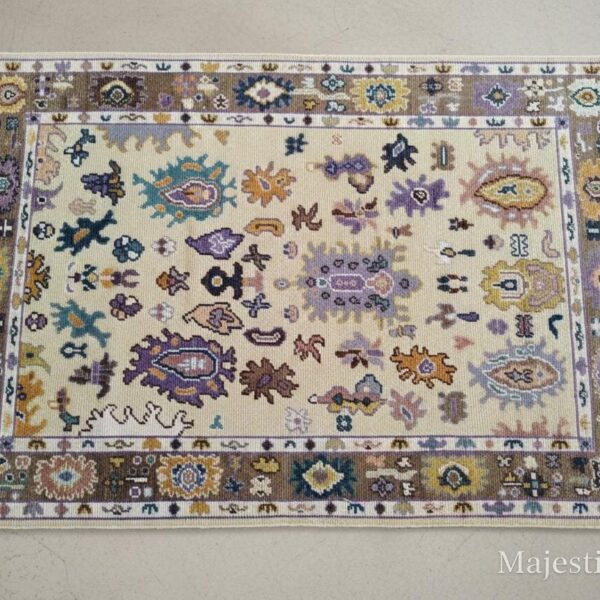 Hand Knotted Wool Area Rug | Vintage Floral Oushak Carpet