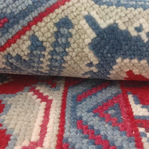 Hand Knotted Wool Rug – Tribal Red & Blue Geometric Carpet | Traditional Oriental Design | Handmade Area Rug for Living Room Bedroom Decor