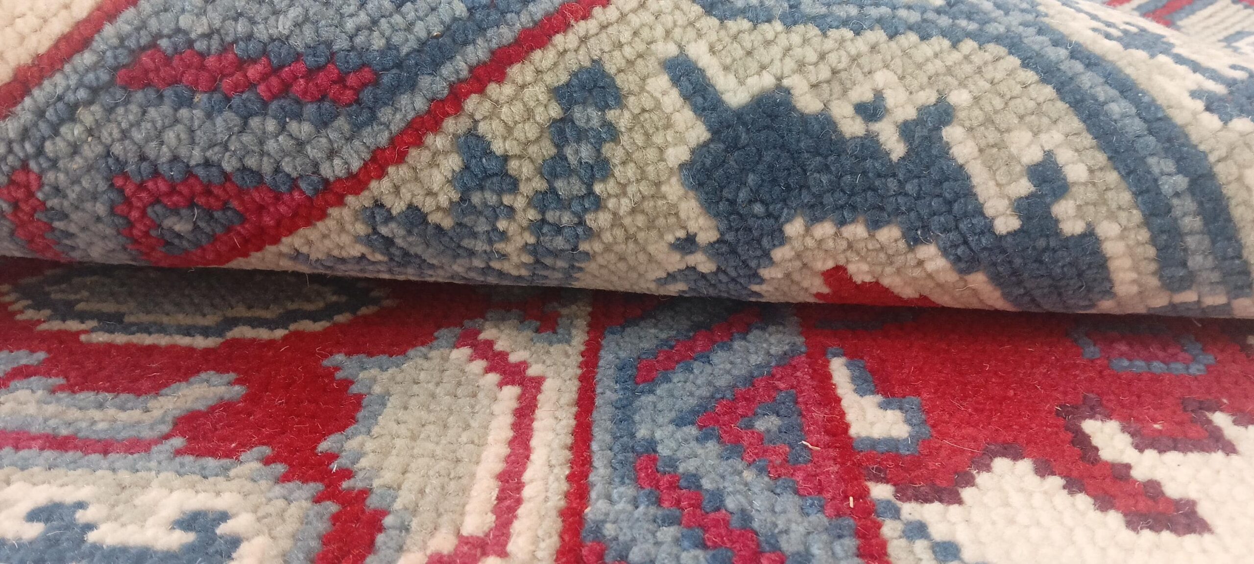 Hand Knotted Wool Rug – Tribal Red & Blue Geometric Carpet | Traditional Oriental Design | Handmade Area Rug for Living Room Bedroom Decor