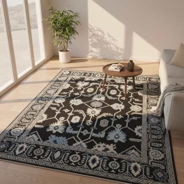 Hand Knotted Wool Rug – Tribal Black & Blue Geometric Carpet | Traditional Oriental Design | Handmade Area Rug for Living Room Bedroom Decor