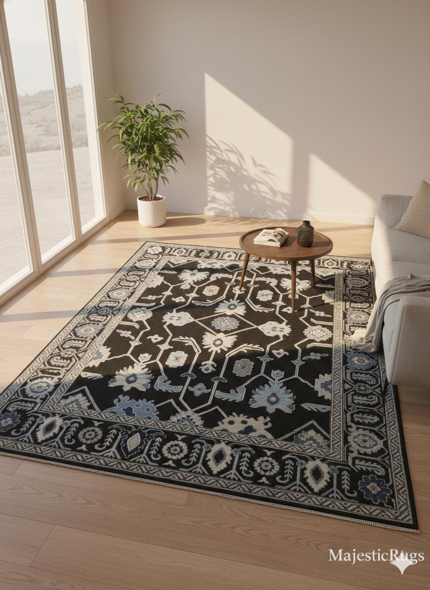 Hand Knotted Wool Rug – Tribal Black & Blue Geometric Carpet | Traditional Oriental Design | Handmade Area Rug for Living Room Bedroom Decor