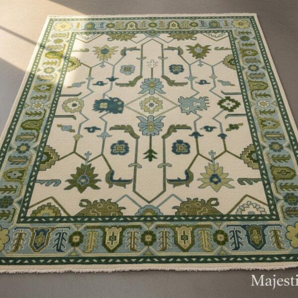 9x12 Hand Knotted Wool Oushak Rug, Green Floral Medallion, Ivory Carpet
