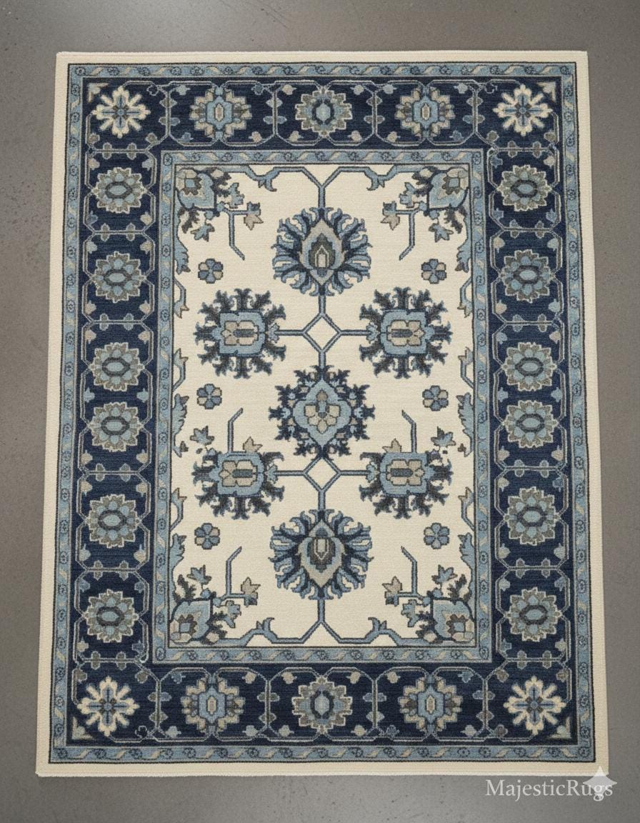 Hand Knotted Wool Rug, 8x10 9x12 Blue & Ivory Traditional Persian Style Floral Medallion Area Rug