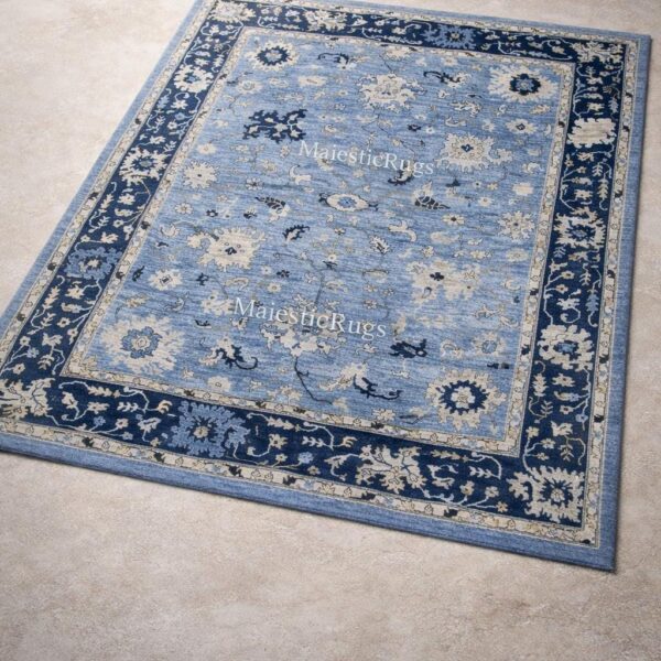 Handmade Navy Blue Oushak Rug – New Zealand Wool 9*12feet Floral Carpet