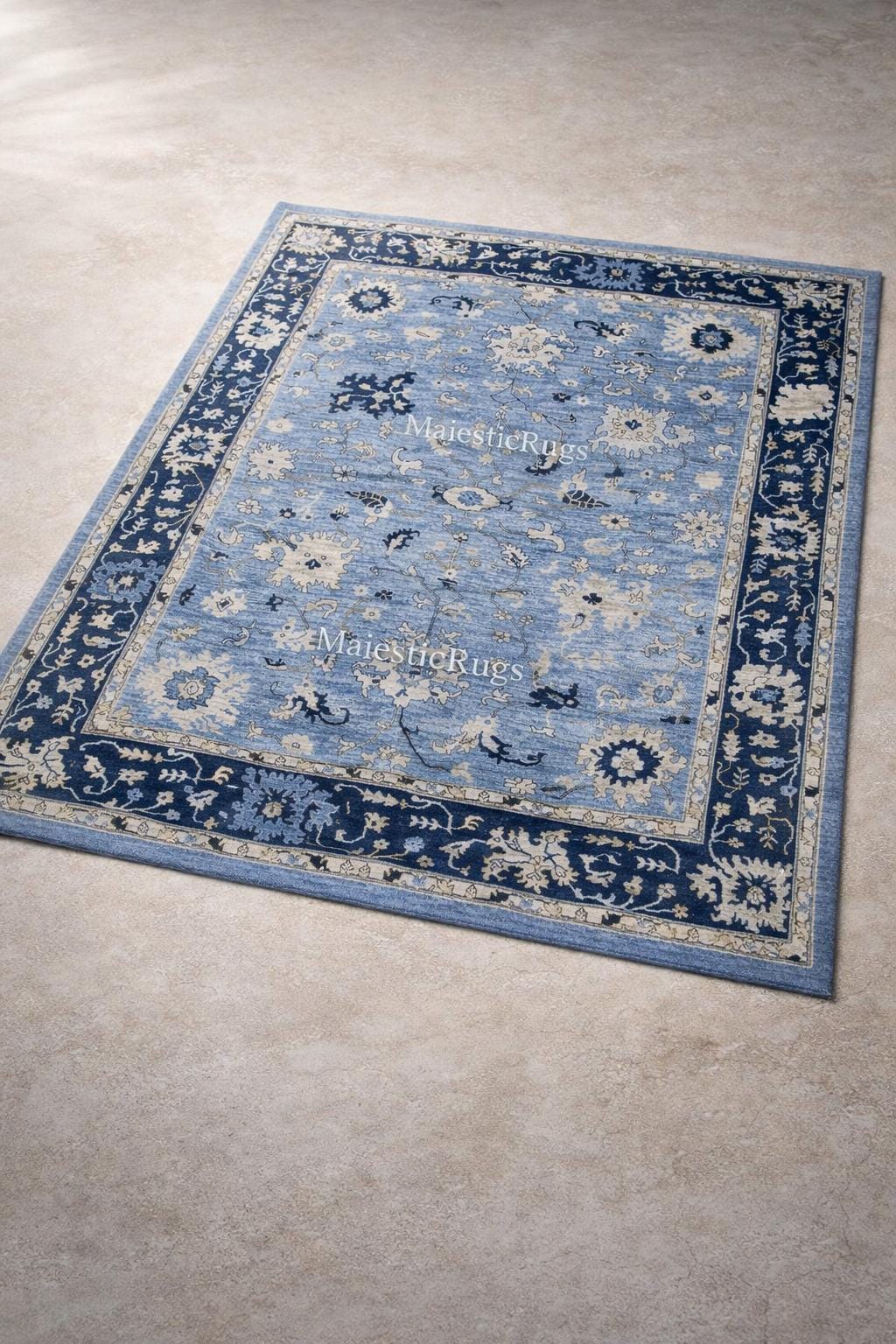 Handmade Navy Blue Oushak Rug – New Zealand Wool 9*12feet Floral Carpet