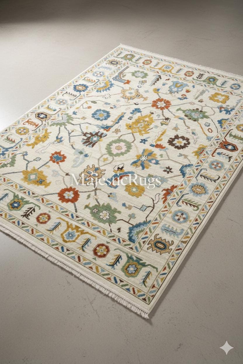 Hand Knotted Wool Oushak Rug – 8x10 Multicolor Floral Turkish Carpet Custom Size available