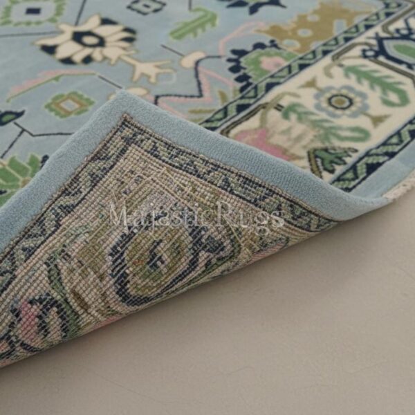 Hand Knotted Oushak Rug, Blue Pastel Wool, Tribal Geometric Design, Custom size available
