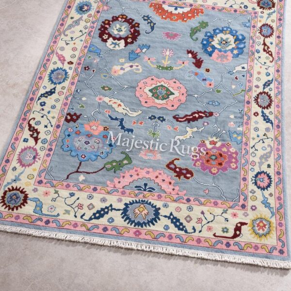 Handmade Oushak Wool Rug, Beige Blue Grey Tribal Geometric Area Carpet, Vintage Turkish Style Living Room Rug, 8x10 12x14