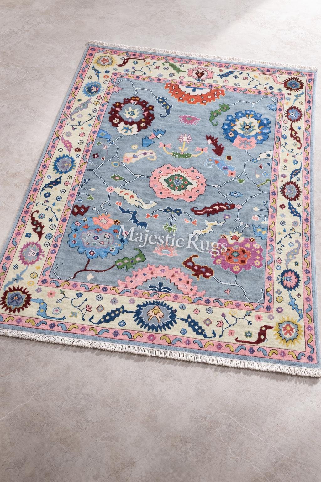 Handmade Oushak Wool Rug, Beige Blue Grey Tribal Geometric Area Carpet, Vintage Turkish Style Living Room Rug, 8x10 12x14