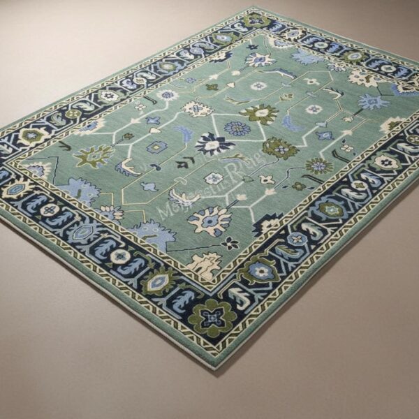 Hand Knotted New Zealand Wool Oushak Rug – Ivory & Sage Medallion, For Custom size Kindly DM