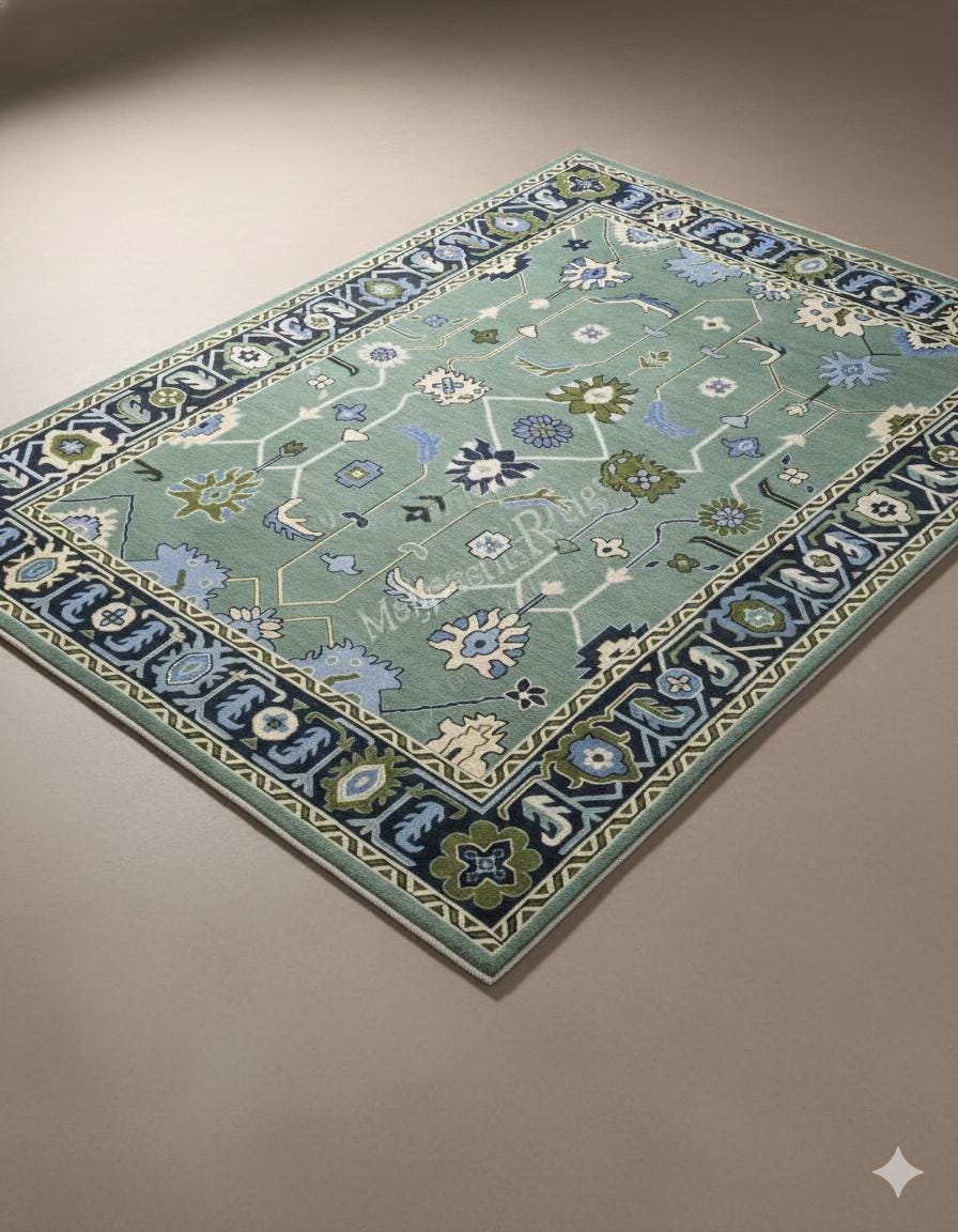Hand Knotted New Zealand Wool Oushak Rug – Ivory & Sage Medallion, For Custom size Kindly DM