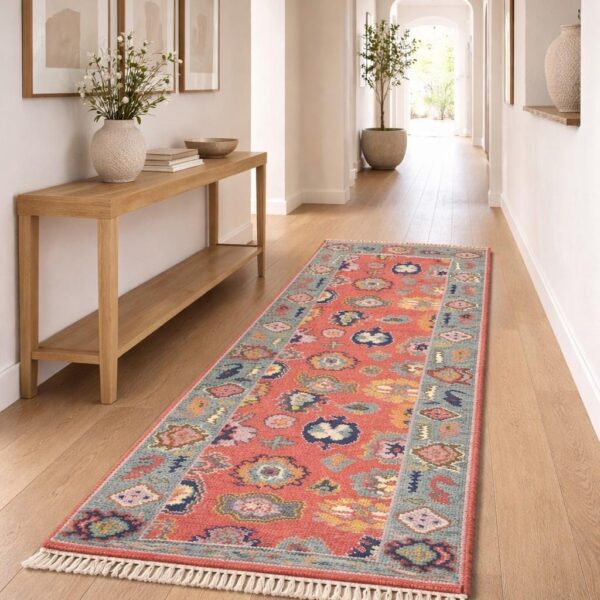 Handwoven Wool Runner Rug – Coral red Muted teal Floral, Non Slip Hallway Carpet