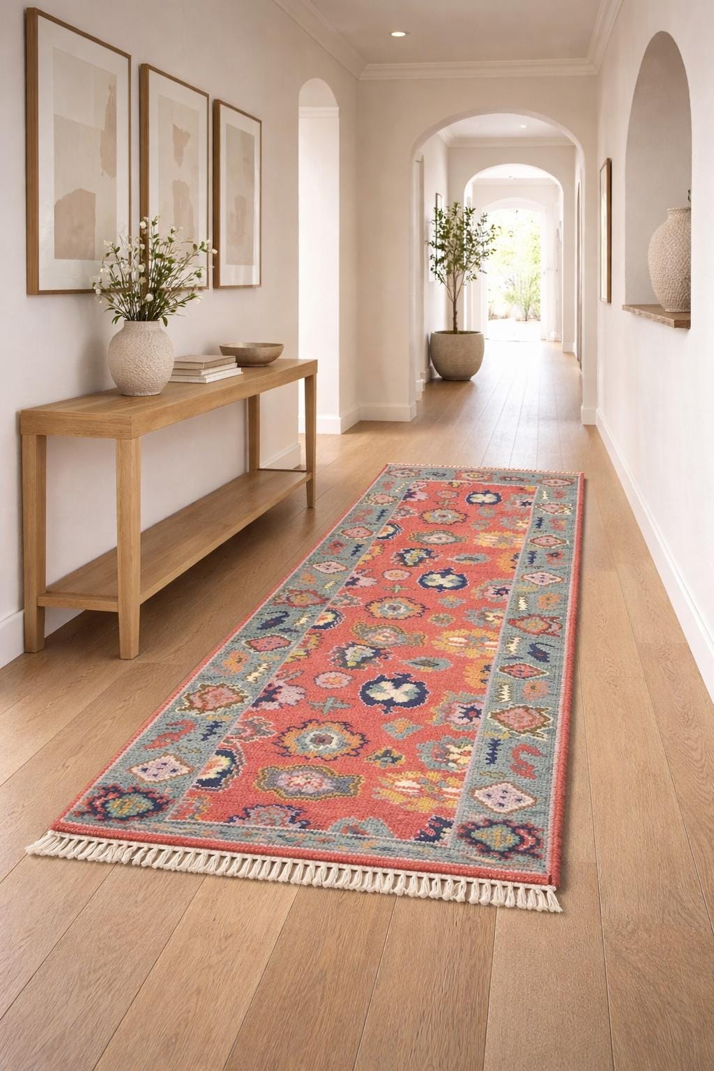 Handwoven Wool Runner Rug – Coral red Muted teal Floral, Non Slip Hallway Carpet